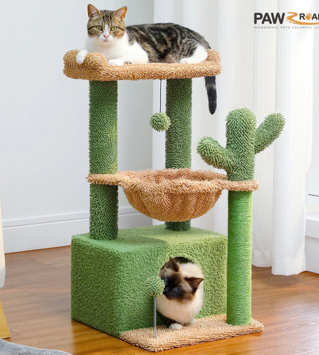 Cat Tree 33" Cute Cactus Cat Scratching Posts Tower with Large Top Perch and Hammock for Medium Indoor Cats, Green