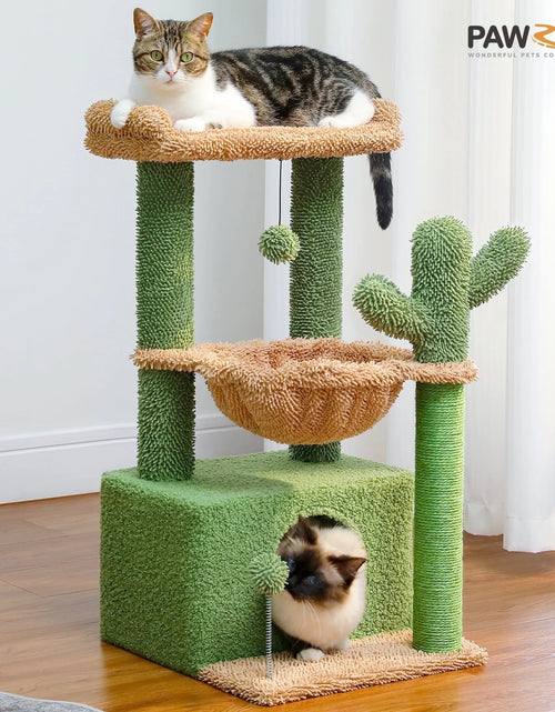 Load image into Gallery viewer, Cat Tree 33" Cute Cactus Cat Scratching Posts Tower with Large Top Perch and Hammock for Medium Indoor Cats, Green
