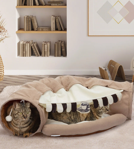 2-In-1 Cat Tunnel Bed, Cat Tube with Collapsible Washable Mat for Indoor Cats, Coffee