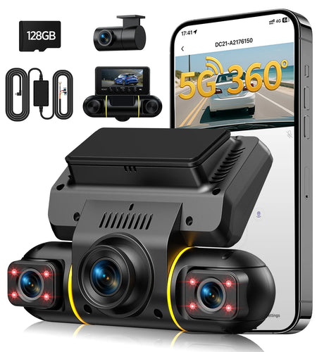 4 Channel Dash Cam Front and Rear inside with Hardwire Kit for 24H Security Parking Monitor, 1080P FHD 360 Degree View 5G Wifi Dash Camera, IR Night Vision Dashcam, G-Sensor, Free 128GB Card
