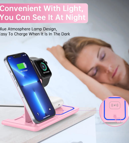 Wireless Charger, 18W 3 in 1 Wireless Charging Station for Iphone 17 16E 15 14 13 12 Pro, Fast Charger Stand for Iwatch SE 9-11 6-8 2-5, Airpods 4/3/2/Pro, Samsung Galaxy Seires (Pink)