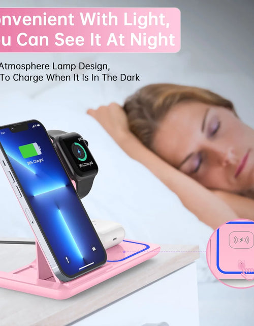 Load image into Gallery viewer, Wireless Charger, 18W 3 in 1 Wireless Charging Station for Iphone 17 16E 15 14 13 12 Pro, Fast Charger Stand for Iwatch SE 9-11 6-8 2-5, Airpods 4/3/2/Pro, Samsung Galaxy Seires (Pink)
