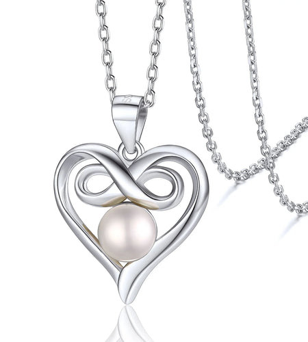 Heart Infinity Necklace Charm Pendant Necklace with Single Freshwater Cultured Pearl Sterling Silver Jewelry Birthday Gift for Her