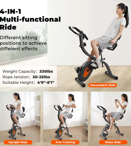 Folding Exercise Bike 3 in 1 Magnetic Stationary Recumbent Bike 10 Level Resistance for Home Use with Arm Resistance Bands