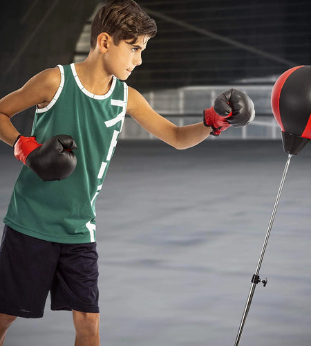 Playworld Boxing Punching Bag Set with Gloves, Pump and Adjustable Stand - Red