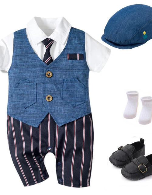 Load image into Gallery viewer, Summer Baby Romper Suit Newborn Boys Formal Clothing Children Hat + Jumpsuit + Shoes + Socks 4 Pieces Outfit Blue Costume
