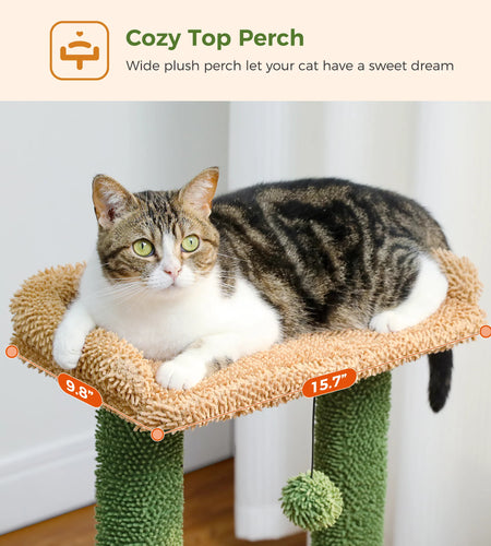 Cat Tree 33" Cute Cactus Cat Scratching Posts Tower with Large Top Perch and Hammock for Medium Indoor Cats, Green