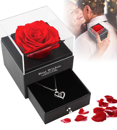 Preserved Red Real Rose with I Love You Necklace in 100 Languages -Eternal Flowers Rose Gifts for Mom Wife Girlfriend Her on Christmas Valentines Day Mothers Day Anniversary Birthday Gifts for Women