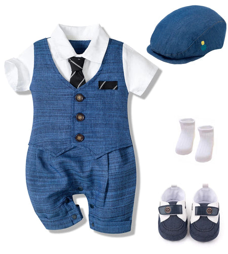 Summer Baby Romper Suit Newborn Boys Formal Clothing Children Hat + Jumpsuit + Shoes + Socks 4 Pieces Outfit Blue Costume