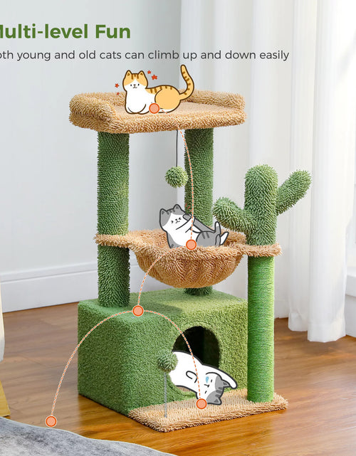 Load image into Gallery viewer, Cat Tree 33" Cute Cactus Cat Scratching Posts Tower with Large Top Perch and Hammock for Medium Indoor Cats, Green
