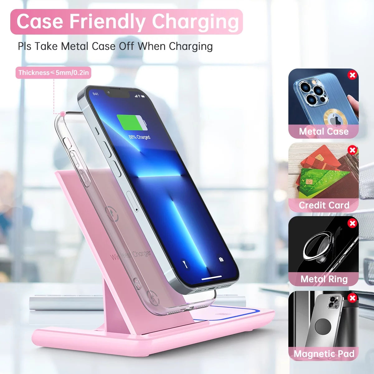 Wireless Charger, 18W 3 in 1 Wireless Charging Station for Iphone 17 16E 15 14 13 12 Pro, Fast Charger Stand for Iwatch SE 9-11 6-8 2-5, Airpods 4/3/2/Pro, Samsung Galaxy Seires (Pink)