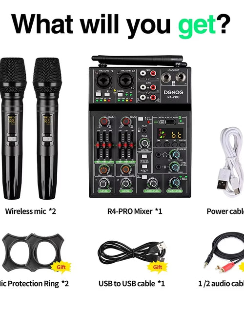 Load image into Gallery viewer, 4 Channel Audio Mixer with Wireless Microphone USB Sound Table Bluetooth Console DJ Mixing for Party Karaoke Machine Soundbar
