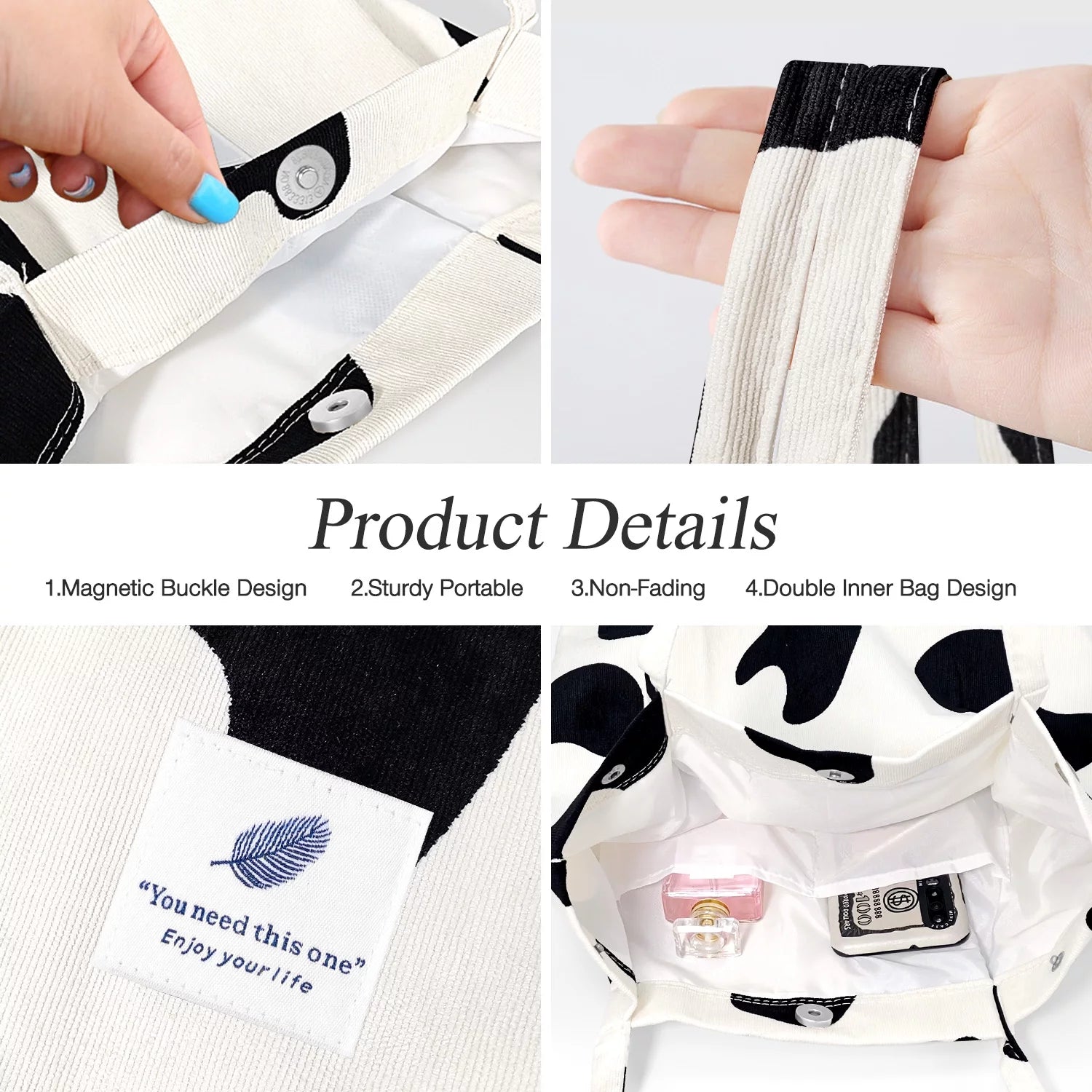 Corduroy Tote Bag with Inner Pocket, Large Canvas Shoulder Bag for Women and Girls