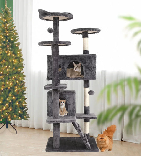 54-In Double Condo Cat Tree Tower Playhouse with Scratching Post & Perch for Indoor, Light Gray