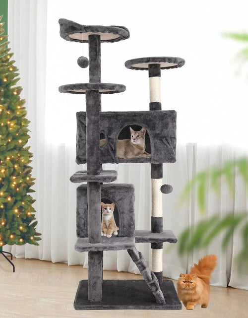 Load image into Gallery viewer, 54-In Double Condo Cat Tree Tower Playhouse with Scratching Post &amp; Perch for Indoor, Light Gray
