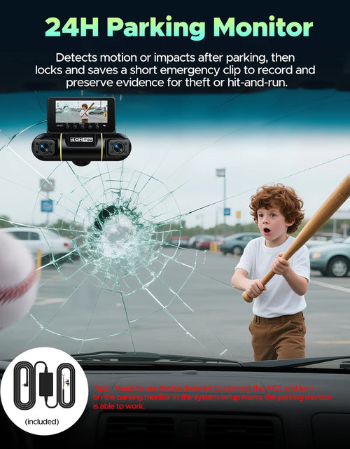 Load image into Gallery viewer, 4 Channel Dash Cam Front and Rear inside with Hardwire Kit for 24H Security Parking Monitor, 1080P FHD 360 Degree View 5G Wifi Dash Camera, IR Night Vision Dashcam, G-Sensor, Free 128GB Card
