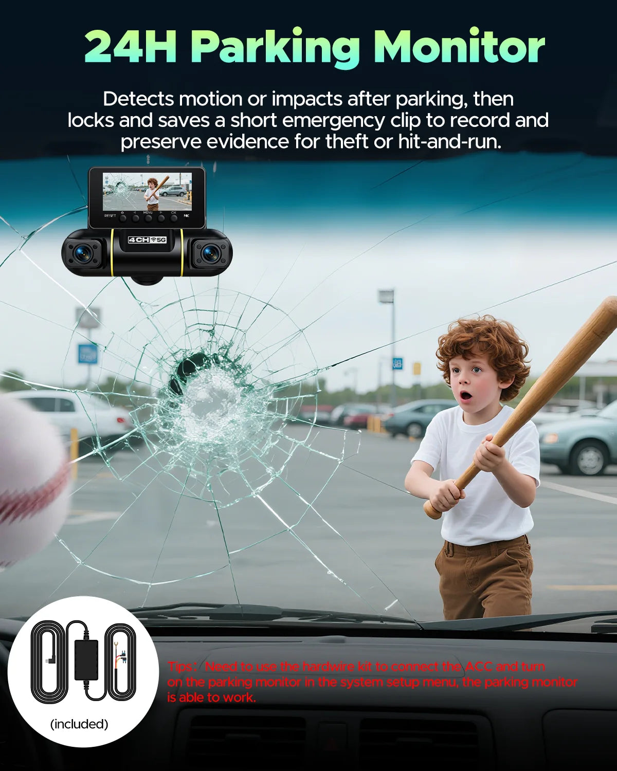 4 Channel Dash Cam Front and Rear inside with Hardwire Kit for 24H Security Parking Monitor, 1080P FHD 360 Degree View 5G Wifi Dash Camera, IR Night Vision Dashcam, G-Sensor, Free 128GB Card