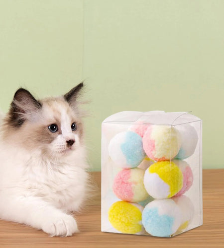 12Pcs Colorful Interactive Cat Toys Pompom Balls KICKER Toys Rolling Ball Cat Soft Toy Balls for Play Kitty Small Medium Pets Exercise Puppy