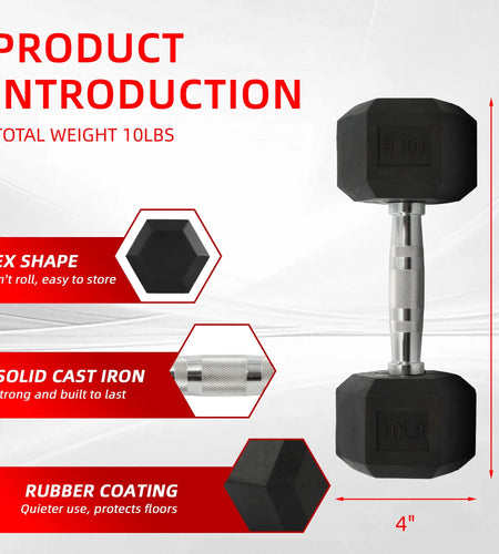 Rubber Encased Hex Dumbbell, Black, 10 Lb