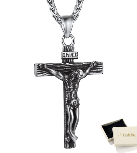 Men Cross Necklace Stainless Steel INRI Crucifix Pendant Necklace Jesus Piece Religious Praying Jewelry for Christian Dad Father'S Day Gift
