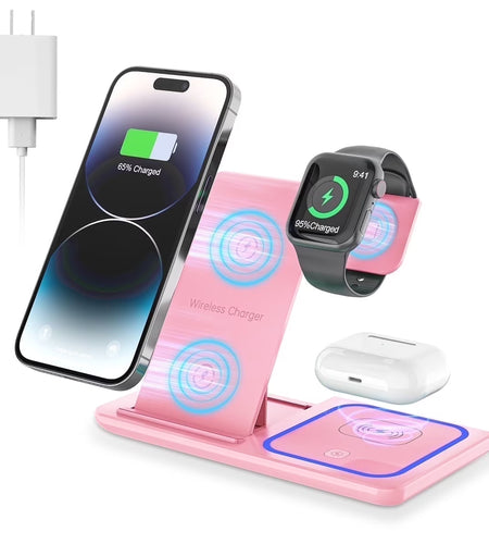 Wireless Charger, 18W 3 in 1 Wireless Charging Station for Iphone 17 16E 15 14 13 12 Pro, Fast Charger Stand for Iwatch SE 9-11 6-8 2-5, Airpods 4/3/2/Pro, Samsung Galaxy Seires (Pink)