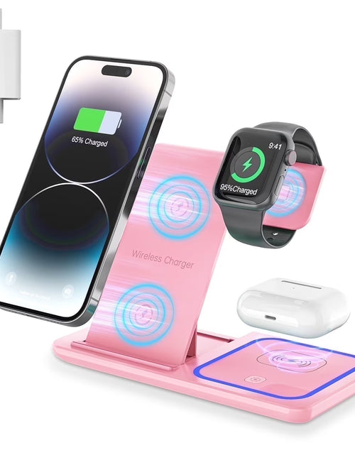 Load image into Gallery viewer, Wireless Charger, 18W 3 in 1 Wireless Charging Station for Iphone 17 16E 15 14 13 12 Pro, Fast Charger Stand for Iwatch SE 9-11 6-8 2-5, Airpods 4/3/2/Pro, Samsung Galaxy Seires (Pink)
