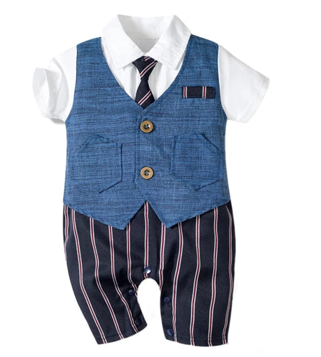 Summer Baby Romper Suit Newborn Boys Formal Clothing Children Hat + Jumpsuit + Shoes + Socks 4 Pieces Outfit Blue Costume