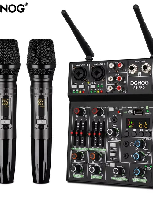 Load image into Gallery viewer, 4 Channel Audio Mixer with Wireless Microphone USB Sound Table Bluetooth Console DJ Mixing for Party Karaoke Machine Soundbar
