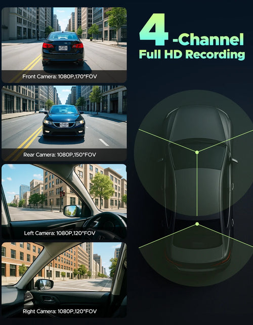 Load image into Gallery viewer, 4 Channel Dash Cam Front and Rear inside with Hardwire Kit for 24H Security Parking Monitor, 1080P FHD 360 Degree View 5G Wifi Dash Camera, IR Night Vision Dashcam, G-Sensor, Free 128GB Card
