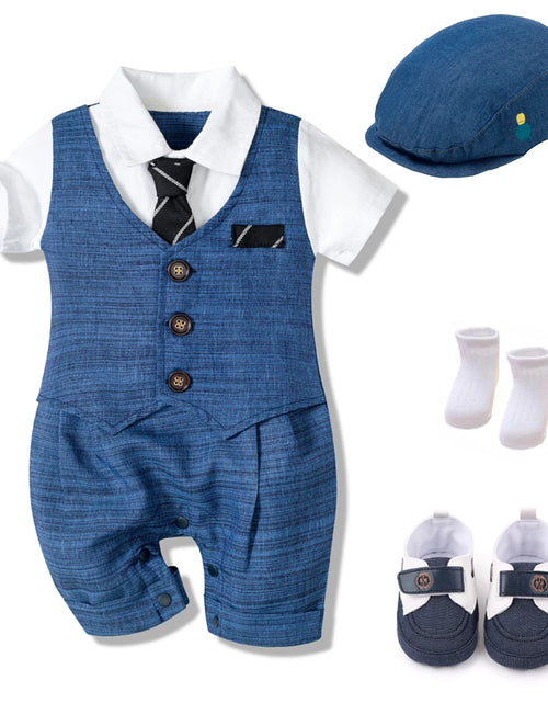 Load image into Gallery viewer, Summer Baby Romper Suit Newborn Boys Formal Clothing Children Hat + Jumpsuit + Shoes + Socks 4 Pieces Outfit Blue Costume
