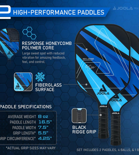 Ben Johns Blue Lightning Pickleball Set, 2 Fiberglass Paddles with Honeycomb Core, Paddle Bag, 4 Balls
