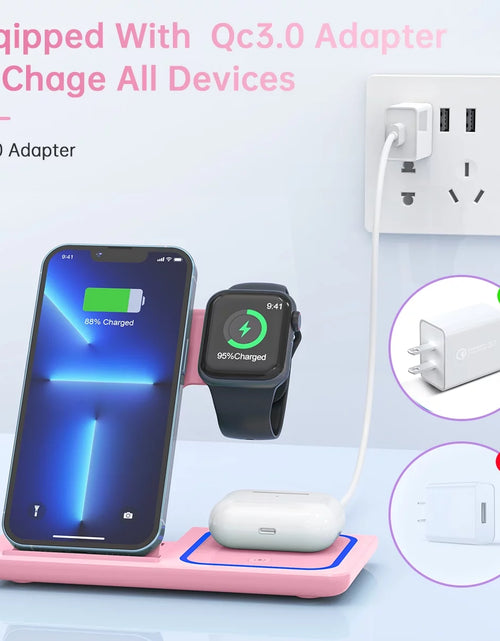 Load image into Gallery viewer, Wireless Charger, 18W 3 in 1 Wireless Charging Station for Iphone 17 16E 15 14 13 12 Pro, Fast Charger Stand for Iwatch SE 9-11 6-8 2-5, Airpods 4/3/2/Pro, Samsung Galaxy Seires (Pink)
