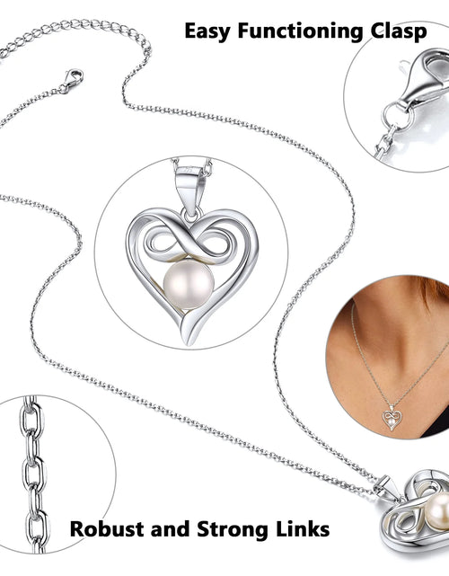 Load image into Gallery viewer, Heart Infinity Necklace Charm Pendant Necklace with Single Freshwater Cultured Pearl Sterling Silver Jewelry Birthday Gift for Her
