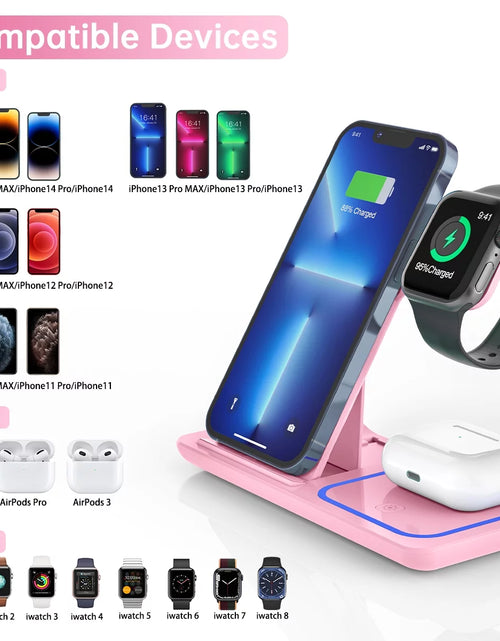 Load image into Gallery viewer, Wireless Charger, 18W 3 in 1 Wireless Charging Station for Iphone 17 16E 15 14 13 12 Pro, Fast Charger Stand for Iwatch SE 9-11 6-8 2-5, Airpods 4/3/2/Pro, Samsung Galaxy Seires (Pink)
