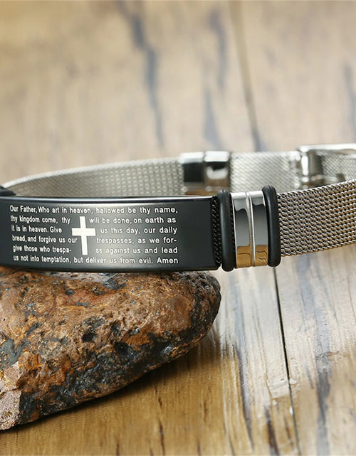 Load image into Gallery viewer, English Inspirational Gifts for Men, Stainless Steel Adjustable Bible Cross Bracelet
