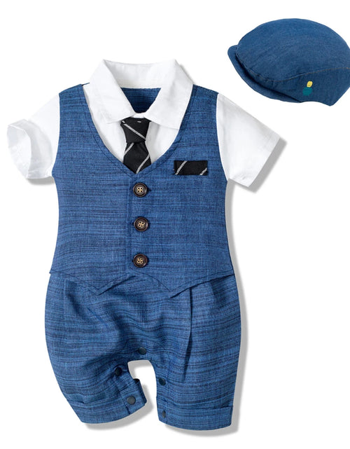 Load image into Gallery viewer, Summer Baby Romper Suit Newborn Boys Formal Clothing Children Hat + Jumpsuit + Shoes + Socks 4 Pieces Outfit Blue Costume
