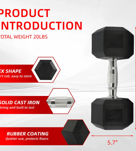 Rubber Encased Hex Dumbbell, 20 Lb, Single, Black