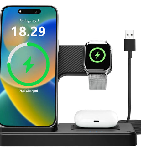 Charging Station,Wirelss Charger,Magnetic Charging Station Compatible with Iphone 17 16 15 14 13 12 11 Pro Max XS Xr,For Iwatch Series 9 8 7 6 5 4 3 2 Se,For Airpods 3 2 Pro,Black,No Adapter