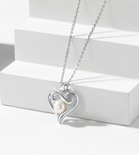 Heart Infinity Necklace Charm Pendant Necklace with Single Freshwater Cultured Pearl Sterling Silver Jewelry Birthday Gift for Her