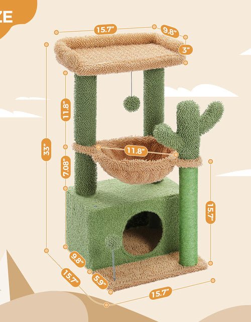 Load image into Gallery viewer, Cat Tree 33" Cute Cactus Cat Scratching Posts Tower with Large Top Perch and Hammock for Medium Indoor Cats, Green
