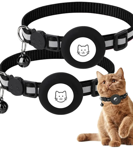 2 Pack Breakaway Airtag Cat Collar, Reflective Kitten Strap with Air Tag Case and Bell for Cat Kitten and Extra Small Dog, Black