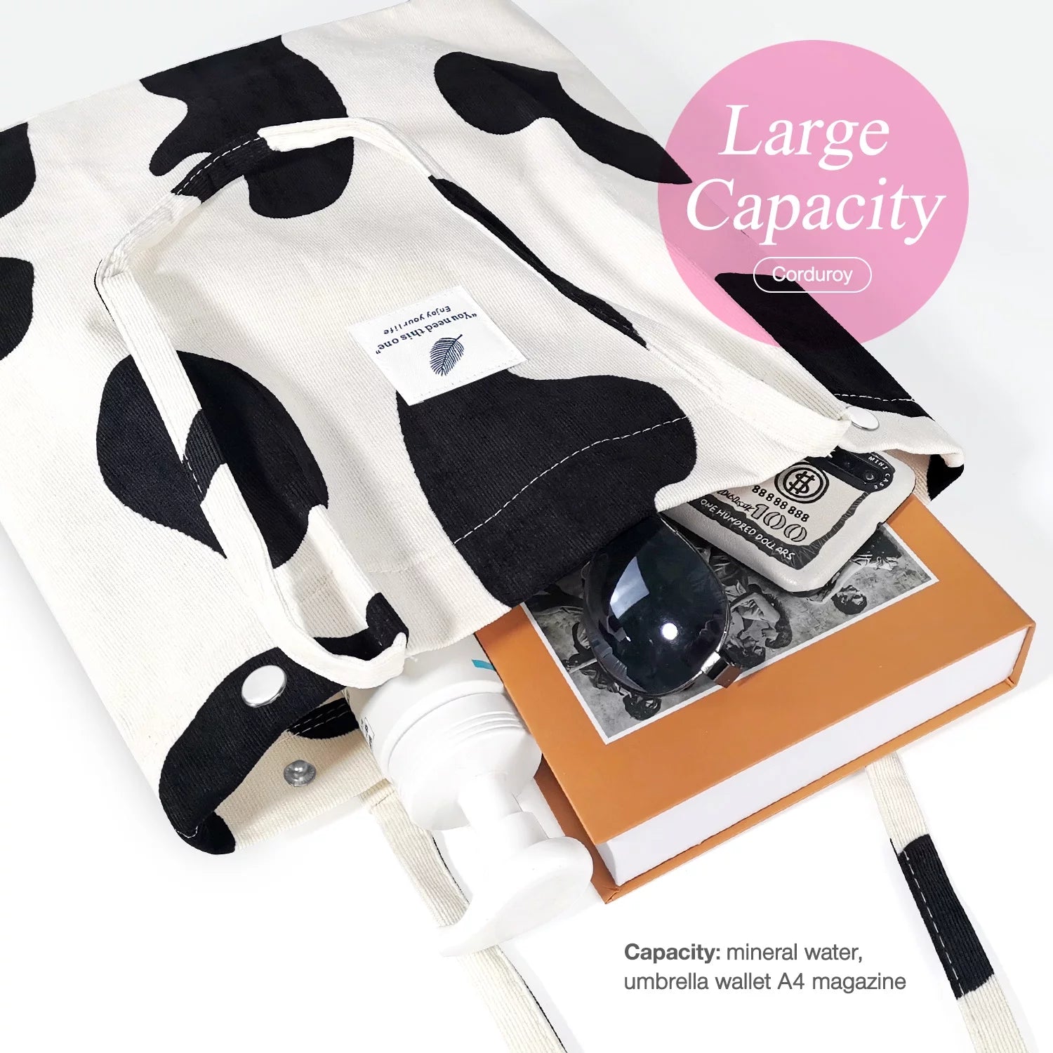 Corduroy Tote Bag with Inner Pocket, Large Canvas Shoulder Bag for Women and Girls