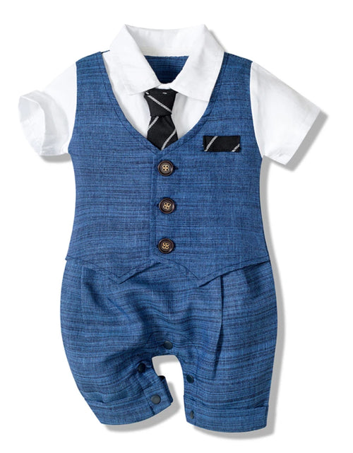 Load image into Gallery viewer, Summer Baby Romper Suit Newborn Boys Formal Clothing Children Hat + Jumpsuit + Shoes + Socks 4 Pieces Outfit Blue Costume
