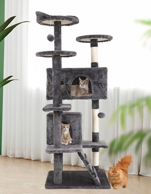Load image into Gallery viewer, 54-In Double Condo Cat Tree Tower Playhouse with Scratching Post &amp; Perch for Indoor, Light Gray
