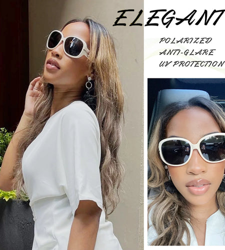Polarized Sunglasses for Women Trendy Sparkling Oversized Big Composite Frame Shades (Light Beige)