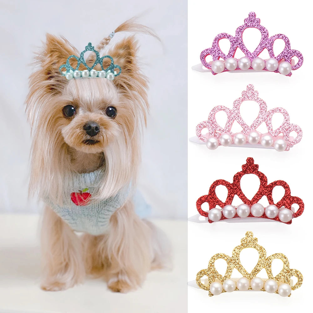 Pet Small Dogs Cat Faux Pearl Crown Shape Bows Hair Clips Head Decoration for Pets Puppy Hairpins Decor Grooming Accessoires